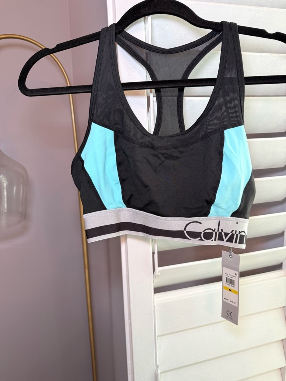 Calvin Klein Black and Light Blue Racerback Sports Bra with Branded Band